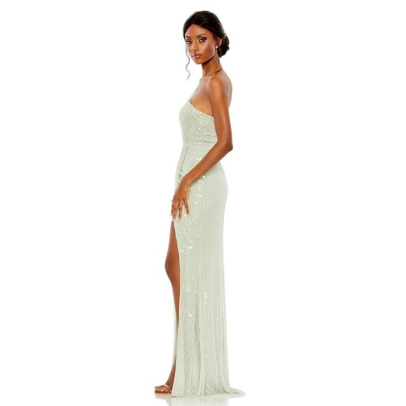 Mac Duggal Pearl Embellished Soft Tie One Shoulder Gown Mint Green Size 10 NWOT - Picture 3 of 12